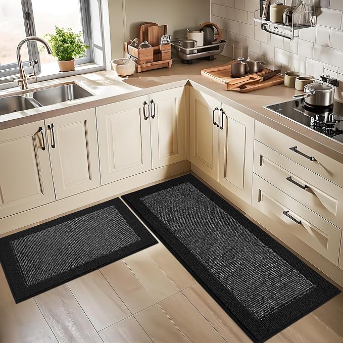 BEQHAUSE Kitchen Rugs and Mats Set of 2 Non-Slip Kitchen Mats for Floor, Absorbent and Stain Resistant Kitchen Runner, Machine Washable Rugs for Kitchen, Laundry & Sink, 24"x36"+24"x60", Black