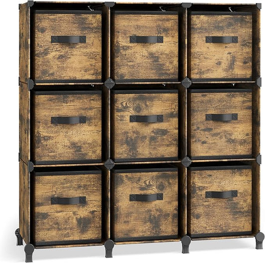 SONGMICS Cube Storage Organizer with Storage Boxes, Set of 9-Cube Organizer, 9 Collapsible Non-Woven Fabric Bins, Customizable, Space-Saving, Bedroom, Rustic Brown ULPC092K01