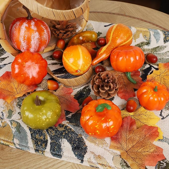 winemana Fall Decorations for Home-6pcs Mini Pumpkins & 2pcs Gourds, 30pcs Leaves & 10pcs Acorns, 2pcs Pinecones Centerpiece Set -Thanksgiving Harvest Decor for Table Mantel (Largest: 4.5" x 2.1")