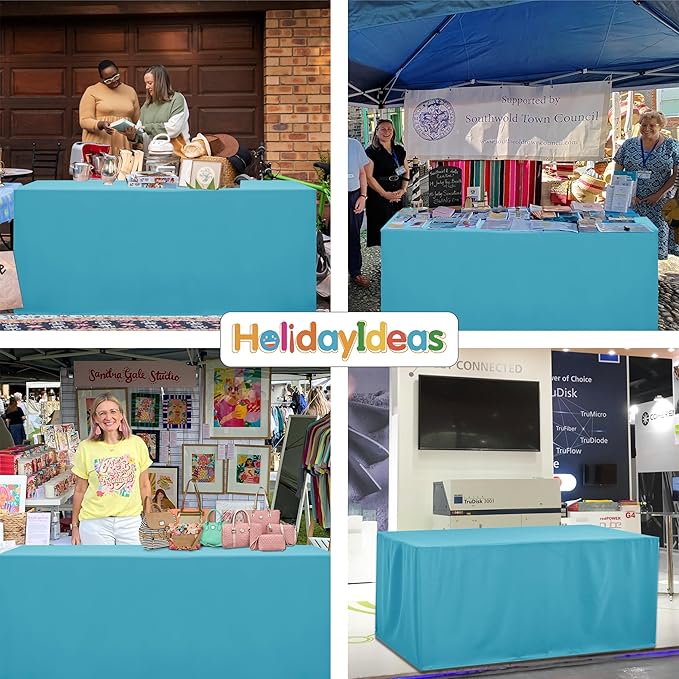 HolidayIdeas Open Back Fitted Tableclothss for 8 Foot Rectangle Table, Wrinkle Resistant Washable Table Covers 96x30 Inch for Craft Fairs, Banquets, Trade Show Display, Teal,4 Pcs