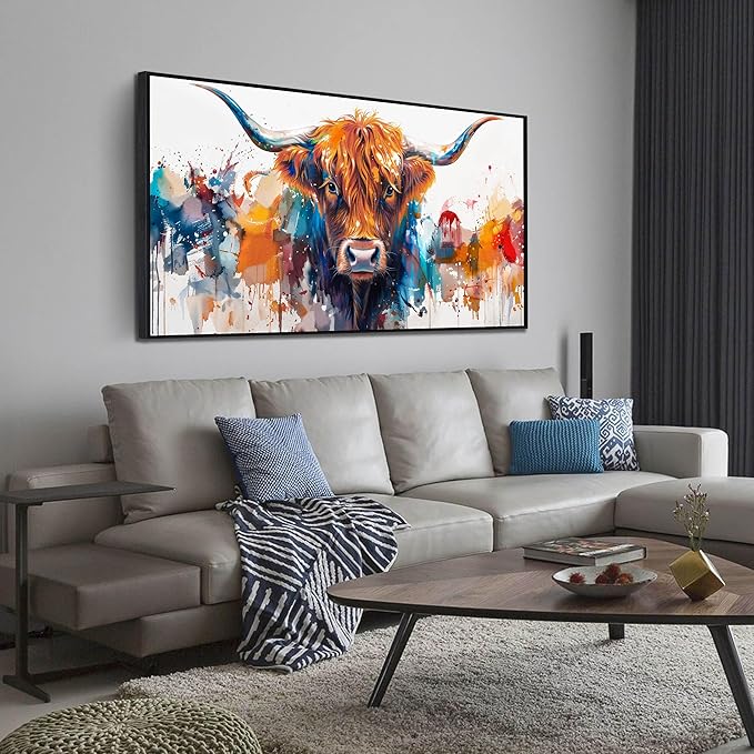 ZHAOSHOP Highland Cow Pictures Wall Decor for Living Room - Graffiti Wall Art for Office - Framed Canvas Wall Art for Bedroom Size 29" x 59"