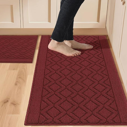 COSY HOMEER 48x20 Inch/30X20 Inch Kitchen Rug Mats Made of 100% Polypropylene 2 Pieces Soft Kitchen Mat Specialized in Anti Slippery and Machine Washable,red