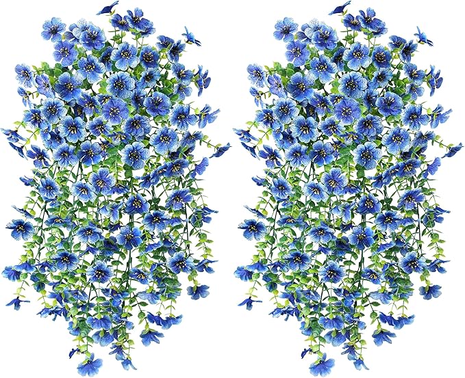 Artificial Faux Hanging Flowers Plant for Fall Outdoor Outside Decoration, 2 PCS Fake Silk Violets with Eucalyptus UV Resistant Realistic Daisy Trailing Vines for Balcony Yard Patio Porch Planter,Blue