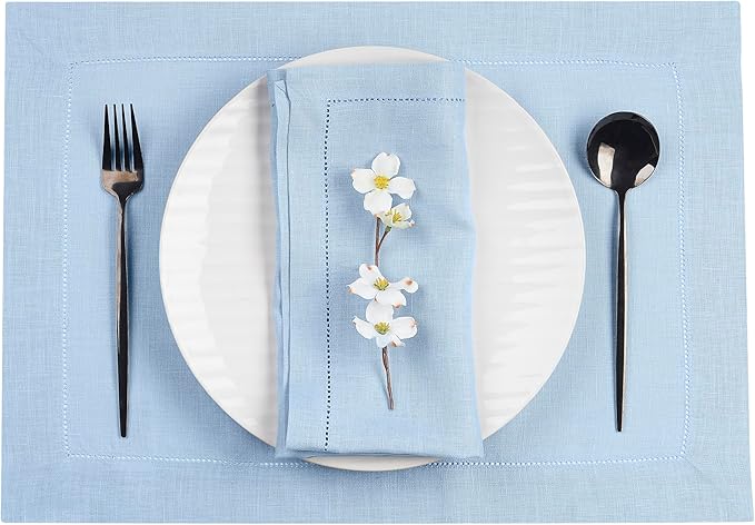D'Moksha Homes Powder Blue Linen Cloth Placemats Set of 4-100% Pure Linen Hemstitch Placemats 14 x 19 Inch - Classic Hemstitch Table Place Mats for Fall, Halloween - Handcrafted and Machine Washable