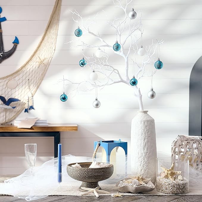 Valery Madelyn 1.57 Inches Small Christmas Tree Decorations Ornament Set for 4th of July Fall Halloween, 24ct Light Blue and Silver Shatterproof Hanging Ball Ornaments Holiday Party Decor