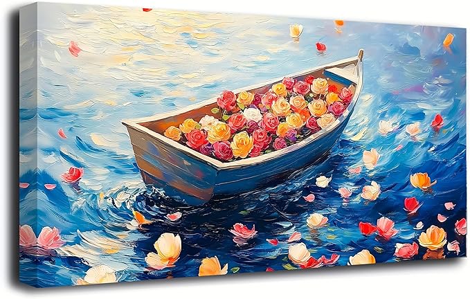 Flowers Boat Oil Pictures Wall Art Bedroom Wall Decor Living Room,Ocean Canvas Wall Art Office Farmhouse Paintings Artwork Modern Rose Colorful Flower Petals Blue Sea Waves Wall Art Prints 20 * 40inch