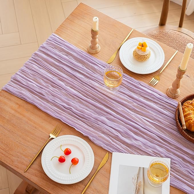 FEXIA 4 Pack Lilac Table Runner 35x120 Inches for Baby Shower Decoration Gauze Rustic Table Runner for Wedding Party First Communion Centerpiece Engagement Bridal Shower Boho Decoration