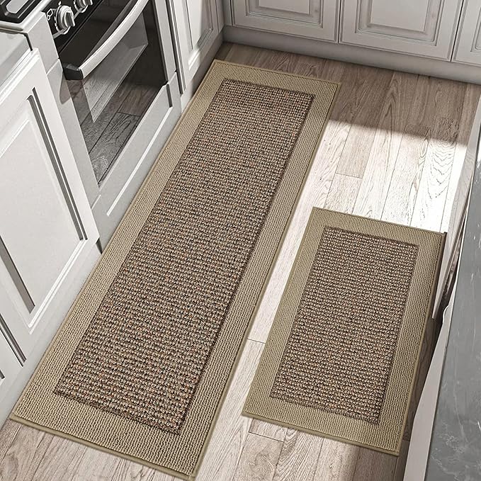 BEQHAUSE Kitchen Rugs and Mats Set of 2 Non-Slip Kitchen Mats for Floor, Absorbent and Stain Resistant Kitchen Runner, Machine Washable Rugs for Kitchen, Laundry & Sink, 20"x32"+20"x48", Taupe