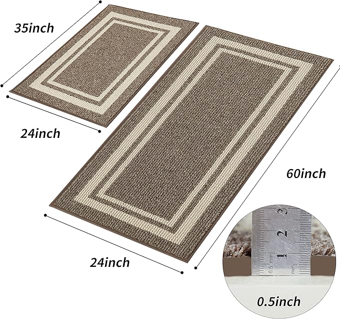 COSY HOMEER Kitchen Rugs Non-Slip 24x35/24x60 Inch Thick Polypropylene Standing Mat for Home Machine Washable, Brown Frame