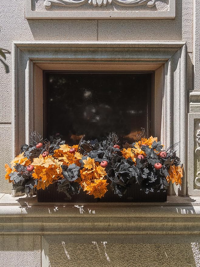 10pcs Fake Plants Outdoor, Halloween Maple Pumpkin Branch, Autumn Artificial Pumpkins Stem with Black & Orange Maple Leaves, Faux Maple Leaves Spray for Halloween Thanksgiving Home Deocr