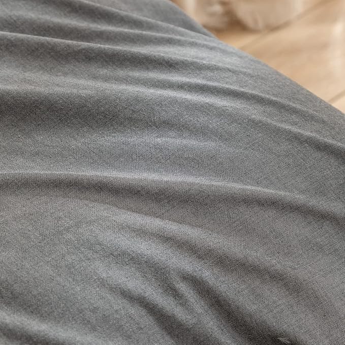 BESTOUCH Duvet Cover Set 100% Washed Cotton Linen Feel Super Soft Comfortable Chic Lightweight 3 PCs Home Bedding Set Solid Dark Grey Oversized King