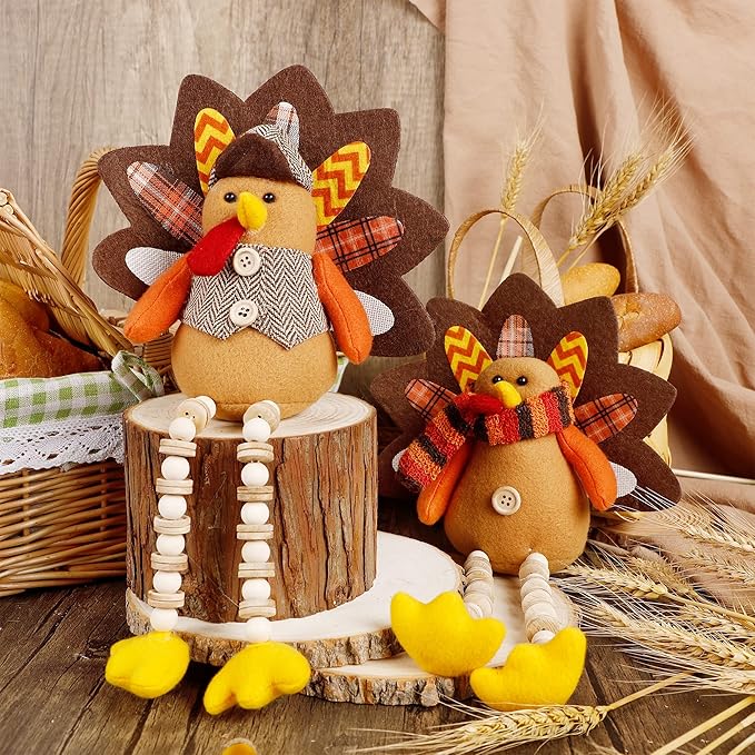 winemana Thanksgiving Decorations Set of 2 Turkeys with Dangling Legs, Mr and Mrs Turkey Couple Plush Tabletop Centerpieces for Fall Harvest Home Kitchen Shelf