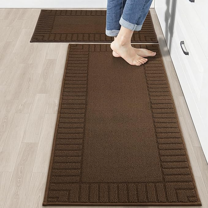BEQHAUSE Kitchen-Rugs-Washable-Kitchen-Mats-for-Floor Non-Slip Kitchen Mats Set of 2 Absorbent Kitchen Runner Brown with TPR Backing 20x30inch/20x48inch
