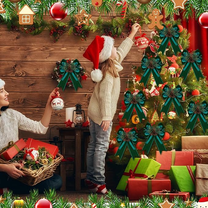 Syhood 6 Pcs Christmas Velvet Bow with Pine Cones Pine Needles Berries Xmas Dark Green Ribbon Bow Ornaments 6.3 x 5.1 Inch for Christmas Tree Wreath Garden Fireplace Crafts DIY Decor