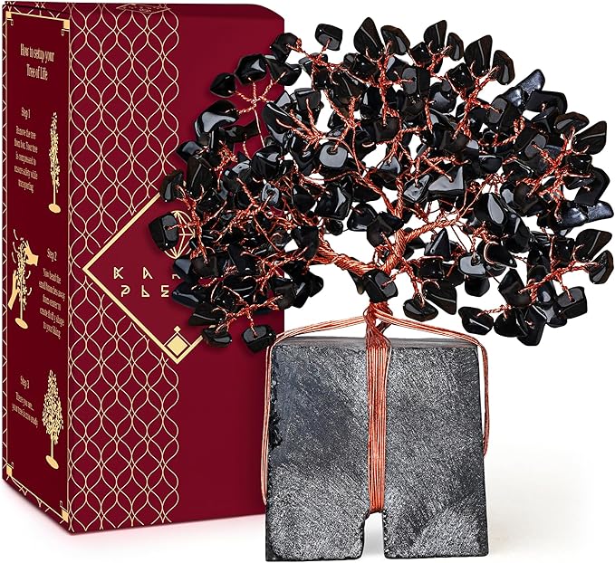 Crystal Tree of Life Feng Shui Decor for Home and Office, Blask Obsidian Chakra Healing Crystal Handmade Tree for Positive Energy, Money, Good Luck, Christmas Decor, Birthday Gifts for Women