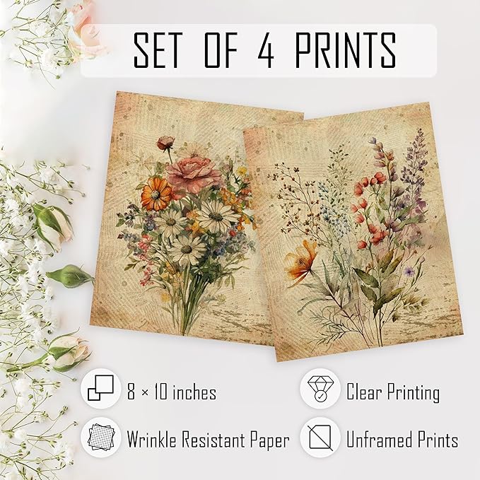 HRQKO Vintage Floral Wall Art - Retro Botanical Wildflower Artwork Printing Posters Set of 4, Unframed 8'x10' for Living Room and Bedroom