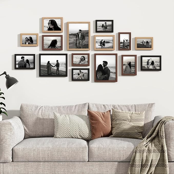 15 Pack Picture Frames Collage Wall Decor, Gallery Frame Set for Wall Mounting or Tabletop Display, Multi Sizes Including 3pcs 8x10, 6pcs 5x7, 6pcs 4x6, Black+Oak+Walnut