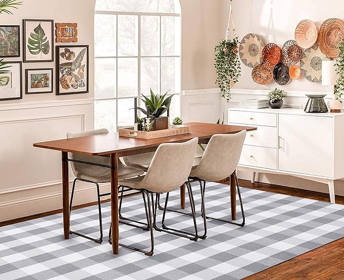 KOZYFLY Buffalo Plaid Area Rug 5 x 7 Ft Gray and White Checkered Rug Washable Outdoor Patio Rugs Cotton Rugs for Living Room Carpet Dining Room Bedroom Farmhouse Rug