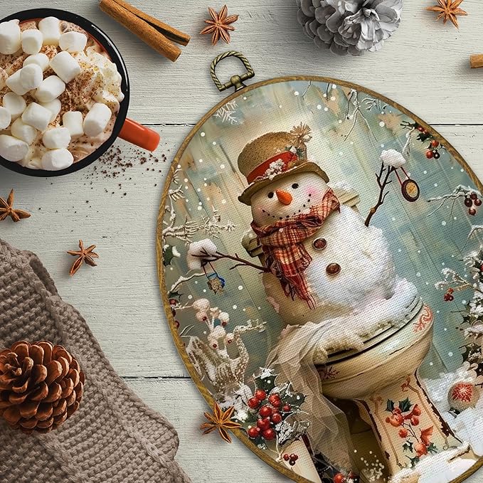 CUANFDDSF Vintage Christmas Snowman Bathroom Oval Wall Art Decor, Funny Winter Xmas Snowman on Toilet Wall Hanging Decor, Christmas Framed Canvas Prints for Bathroom Toilet Washroom, 8.6x11.4 Inch
