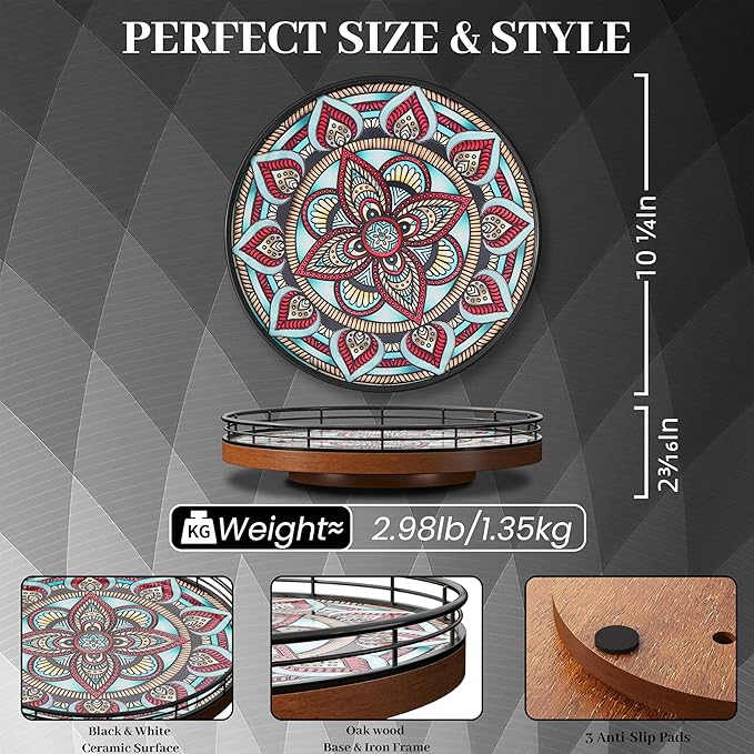 Oak Bohemia Lazy Susan 10.2" Turntable Organizer for Table Top with Ceramic 3D Boho Texture, Round Wooden Lazy Susan for Dining Table Decor, Kitchen, Countertop, Home Decor, Walnut Wood, Farmhouse