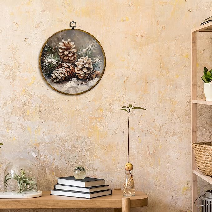 CUANFDDSF Vintage Christmas Winter Pinecones Round Wall Art Decor, Rustic Nature Pine Cone Wall Hanging Frame Decor, Farmhouse Christmas Winter Canvas Prints Decorations for Home Bedroom, 10x10 Inch