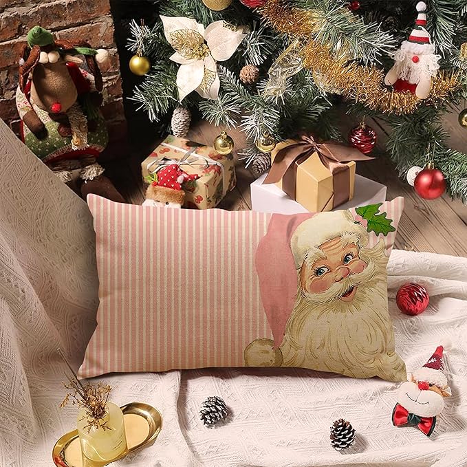 Nostalgic Santa Pillow Cover - 12X20 Inch Merry Christmas Pink Striped Throw Pillow Covers Santa Claus Pillowcase Xmas Pillow Cushion for Farmhouse Decor