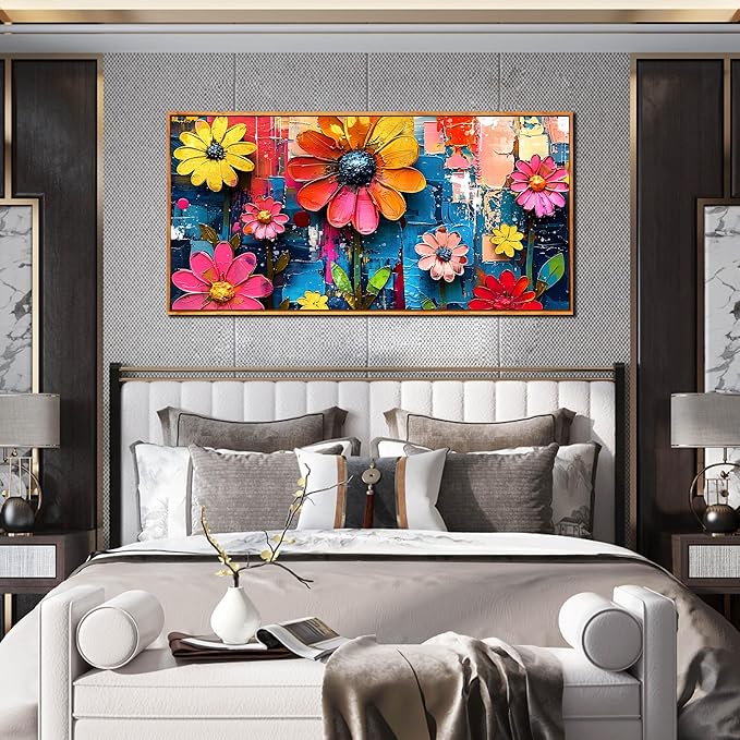 ZHAOSHOP Flowers Wall Paintings Office - Colorful Artwork Framed for Wall Living Room - Teenage Girls Wall Art for Bedroom Size 24" x 48"