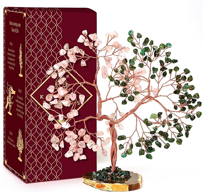 Crystal Tree for Women Office Decor, Handmade Green Aventurine & Rose Quartz Healing Stones Tree of Life for Positive Energy, Money, Good Luck, Feng Shui Home Decor, Spiritual Gifts for Women