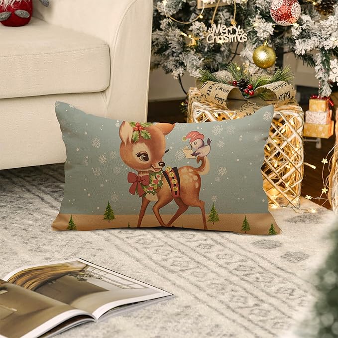 Blue Linen Christmas Pillow Covers - 12x20 Inch, Winter Deer Xmas Throw Pillows - 12 Pack, Outdoor Couch Home Decor