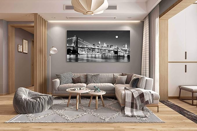 Baisuart-Q30362 Brooklyn Bridge Night View 1 Panels Landscape Artwork Canvas Prints Moon Night New York City Scene Picture Paintings Black and white Wall Art for Oiffce Home Decorations Wall Decor