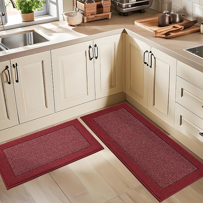 BEQHAUSE Kitchen Rugs and Mats Set of 2 Non-Slip Kitchen Mats for Floor, Absorbent and Stain Resistant Kitchen Runner, Machine Washable Rugs for Kitchen, Laundry & Sink, 20"x32"+20"x48", Red