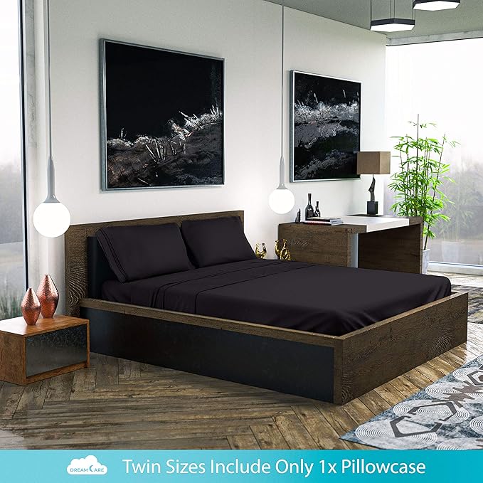 DREAMCARE Twin Sheets - 3pcs Cooling Sheets – up to 21” Extra Deep Pocket Twin Bed Sheets - Twin Sheet Set - Bed Sheets - Soft & Long Lasting 100% Fine Brushed Polyester with Side Pocket - Black