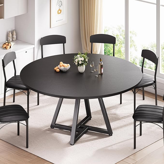 51“ Round Kitchen Dining Room Table for 6-8, Circle Dining Dinner Table with Pedestal Metal Frame, Space Saving Wood Industrial Furniture for Small Space (Black, 51In)