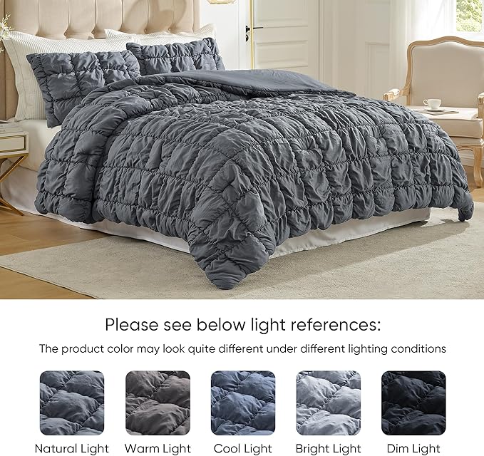 Amelie Home Grey Bubble Comforter Set Queen Size, 3 Pieces Ultra Soft Cozy Bedding Set for All Seasons, Farmhouse Luxury Gift for Women Home Decor, 90 x 90 inches