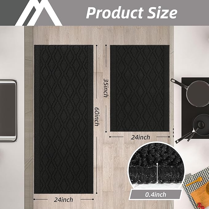 COSY HOMEER 60x24Inch/36X24Inch Kitchen Rugs Sets Non-Slip Washable Kitchen Mats for Floor Polypropylene Absorbent Kitchen Runner for Kitchen Sink Hallway Entryway(Black)