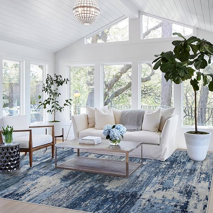 Area Rug Living Room Rugs: 5x7 Rug for Bedroom Machine Washable with Non Slip Backing Non Shedding Abstract Stain Resistant Large Carpet for Dining Room Nursery Home Office - Beige/Blue