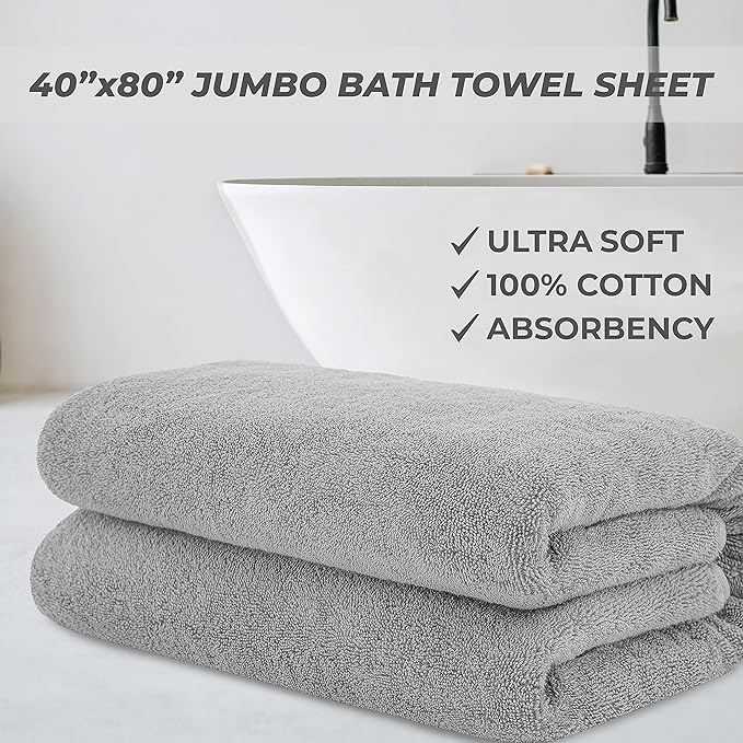 Cotton Paradise 100% Cotton 40x80 Oversized Bath Sheet, Extra Large Turkish Bath Towels for Bathroom, Light Gray Bathsheet