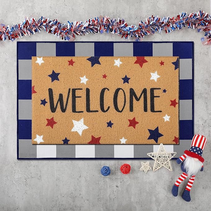 2 Pcs 4th of July Door Mat Patriotic Welcome Non Slip Coir Mats Red Blue White Independence Day Star Buffalo Floor Layering Doormats Seasonal for Front Porch Entryway Decor(Independence Day)