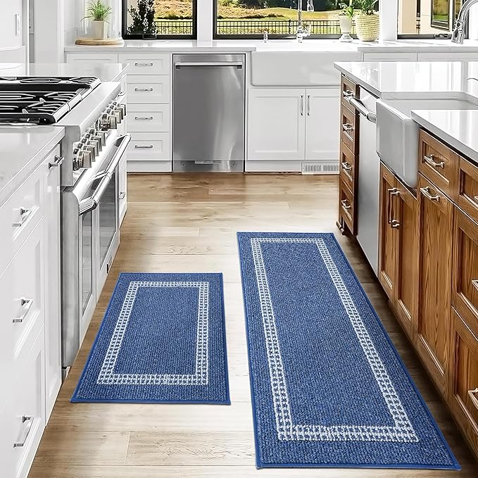 COSY HOMEER Kitchen Rugs Non-Slip 20x30/20x48 Inch Thick Polypropylene Standing Mat for Home Machine Washable, Blue