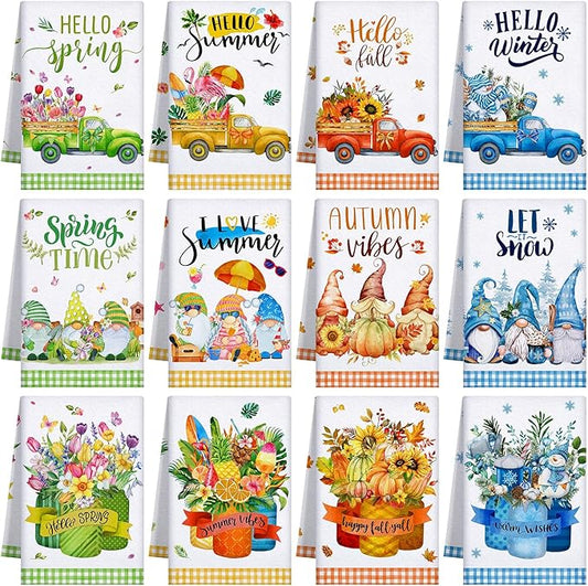 12 Pcs Seasonal Kitchen Towels Set for All Holidays Hand Dish Tea Towels Fall Halloween Christmas Cute Drying Dishcloths Decorative Absorbent Wash Cloths(Seasonal Style)