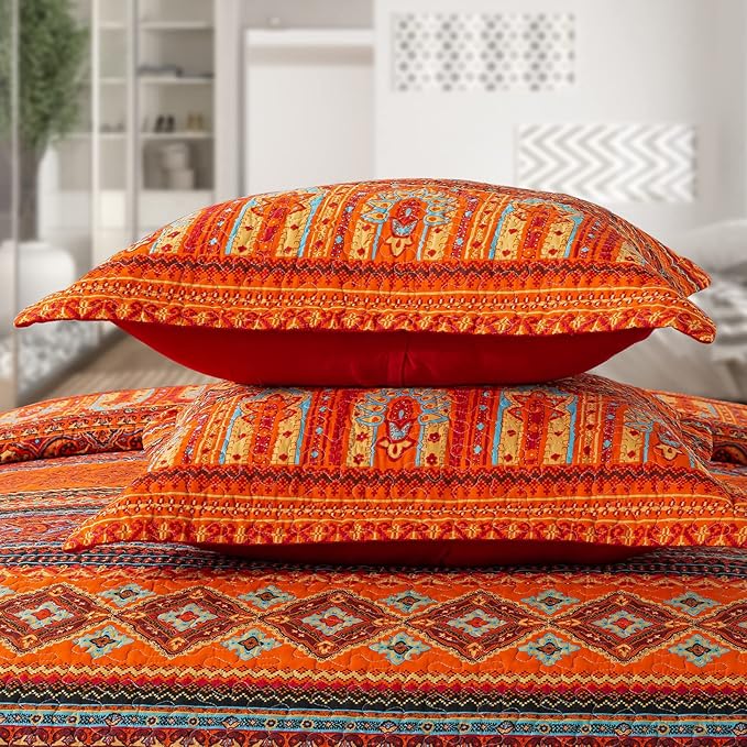VAPUTAR Cotton Quilt King Size Bedding Set - 3 Pieces King Quilt Bedding Set, Boho King Size Quilts, Lightweight Reversible Coverlets Bedspreads for Farmhouse Bedroom (Red/Orange)