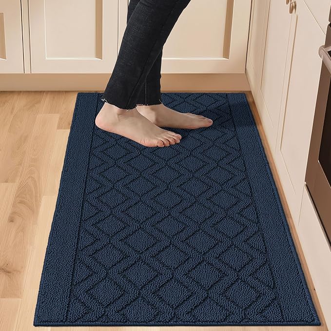 COSY HOMEER-Kitchen-Rugs-and-Mats 20"x48" Non Slip Kitchen Mats for Floor Absorbent Washable Kitchen Runner Standing Floor Mat for Sink Mat,Entry,Laundry,Polypropylene,Navy Blue