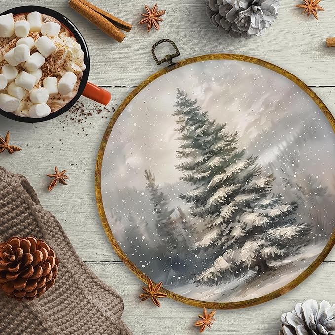 CUANFDDSF Christmas Winter Tree Round Wall Art Decor, Rustic Snowy Forest Pine Tree Landscape Wall Hanging Frame Decor, Cozy Winter Canvas Prints Decorations for Home Bedroom Living Room, 10x10 Inch