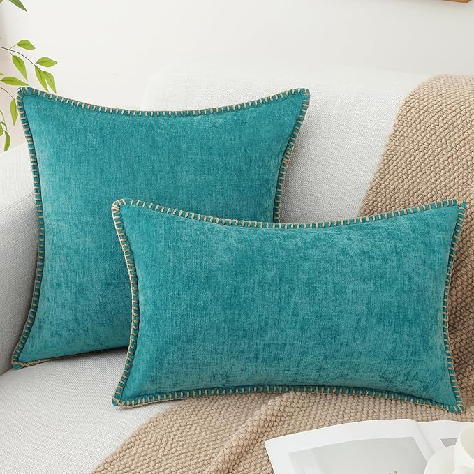 decorUhome Chenille Soft Throw Pillow Covers 12x20 Set of 2, Lumbar Velvet Farmhouse Neutral Decorative Euro Pillow Covers with Stitched Edge for Couch Sofa Bed Home Decor, Turquoise