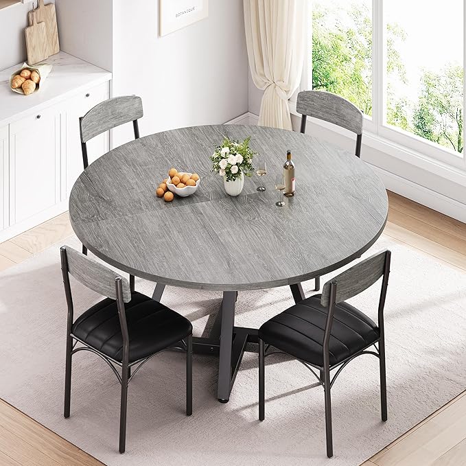 42“ Round Kitchen Dining Room Table for 2-4, Circle Dining Dinner Table with Pedestal Metal Frame, Space Saving Wood Industrial Furniture for Small Space (Grey, 42IN)