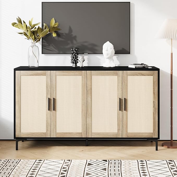 Sideboard - Buffet Cabinet with Storage, Rattan Kitchen Buffet Cabinet Accent Sideboard Cabinets with Doors, Coffee Bar Cabinets Rattan Sideboards for Living Room, Entryway, Black