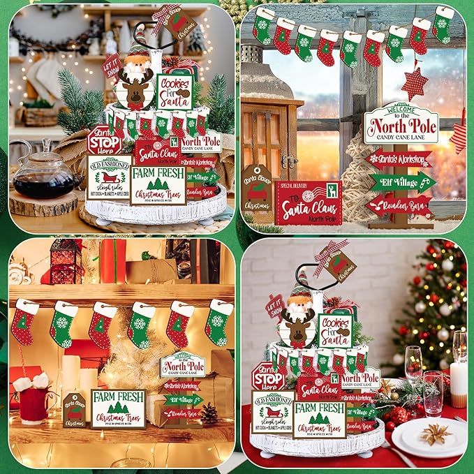 17 Pcs Christmas Tiered Tray Decor Set Winter Tiered Tray Decorations Farmhouse Tabletop Centerpiece Christmas Wooden 3D Sign for Xmas Home Buffalo Plaid Rustic Table Decoration(Bright)