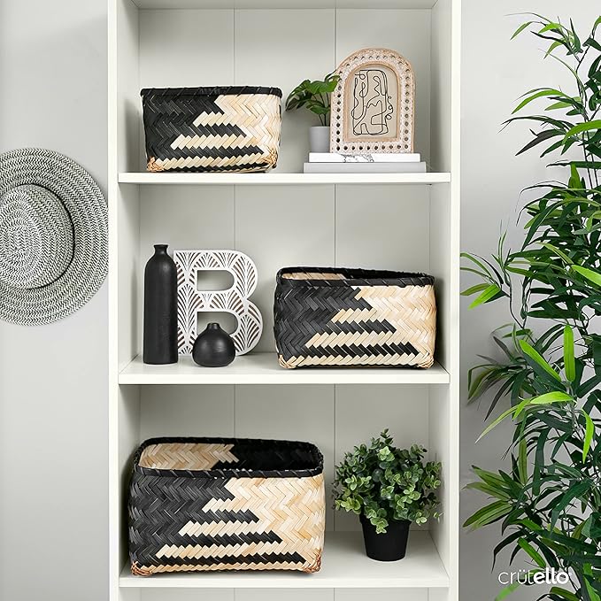 Crutello Woven Bamboo Storage Baskets, Set of 3 Black and Natural Pattern Bamboo Baskets for Storage, Organization Boho Basket, Farmhouse Basket Bins, Black Wicker Basket for Decor Living Room Pantry