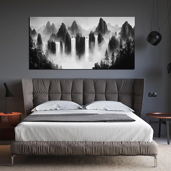 Mountain Canvas Wall Art for Living Room Large Size Black and White Pictures for Wall Waterfalls Wall Art for Office 29 x 58 Inches