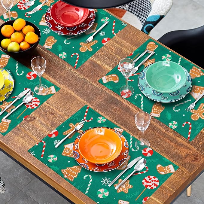 Gingerbread Placemats 12×18 Inches Set of 4 Holiday Green Indoor Kitchen Dining Table Place Mats for Home Party Decoration